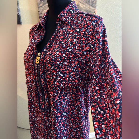 Michael Kors Navy Floral Zip-Front Blouse - Picture 2 of 5
